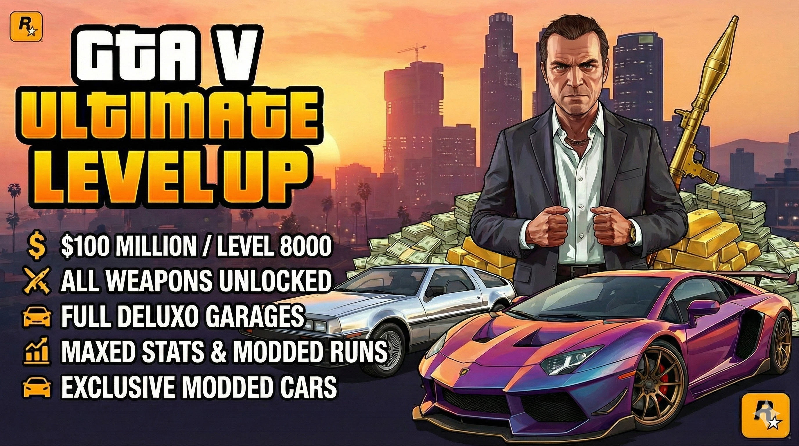 GTA V Ultimate Max Package: Level 8000 + $100 Million + All Unlocks
